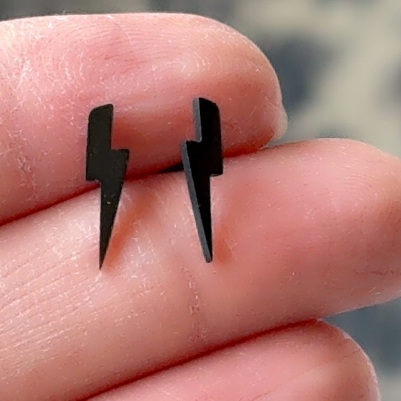 Black Lightning Bolt Studs – Stainless Steel Earrings 13mm - Picture 4 of 7